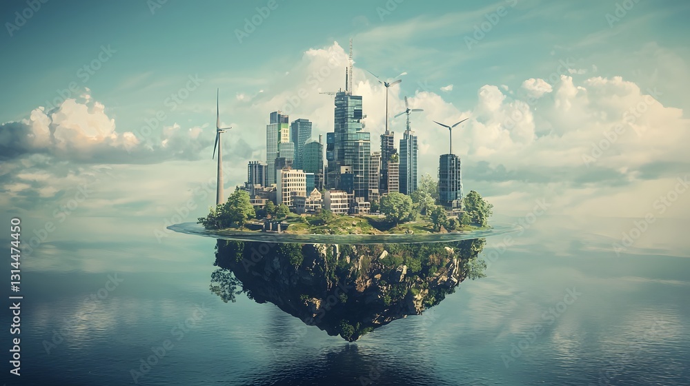 Naklejka premium Floating Renewable Energy Powered Eco Friendly Futuristic City Skyline