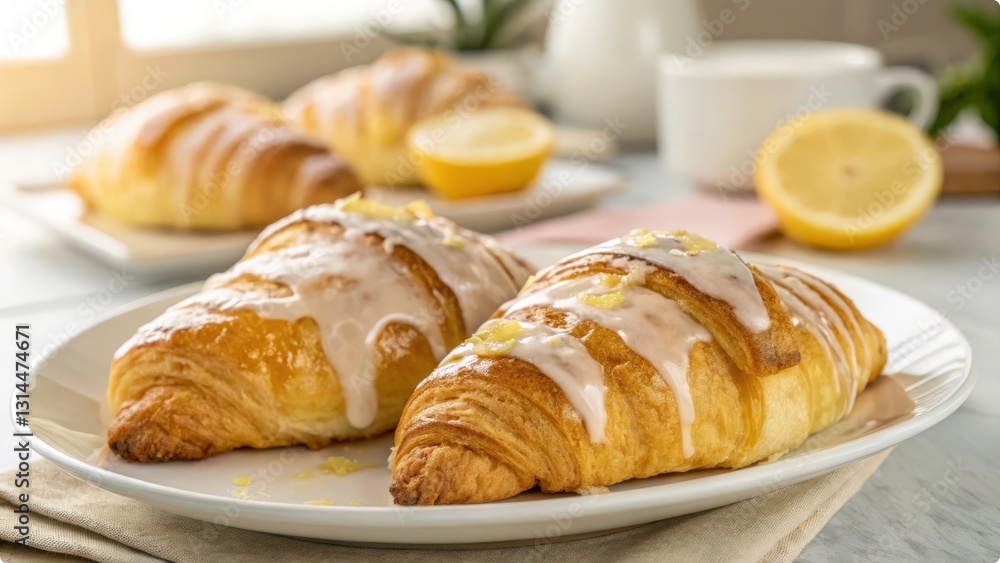 Two croissants with a glossy vanilla glaze, placed on a white ceramic plate. Two croissants with a glossy vanilla glaze, placed on a white ceramic plate.