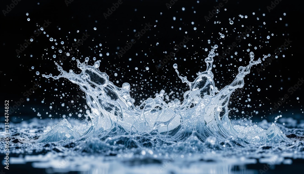Dynamic water splash against a dark background. Suitable for themes like purity, freshness, motion, or impactful visual effects. Dynamic water splash against a dark background. Suitable for themes like purity, freshness, motion, or impactful visual effects.