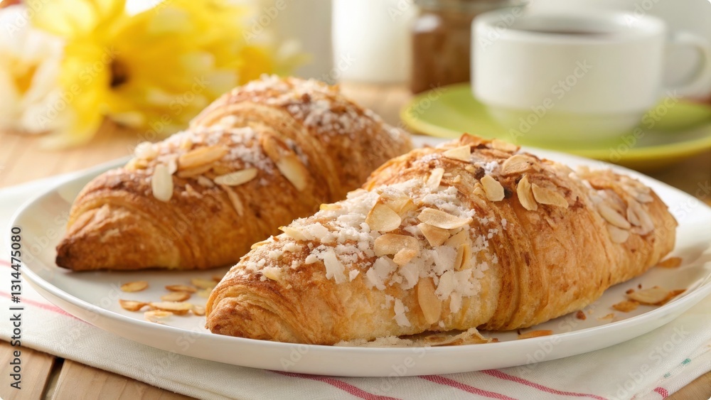 Two croissants coated with toasted coconut flakes, placed on a white ceramic plate. Two croissants coated with toasted coconut flakes, placed on a white ceramic plate.