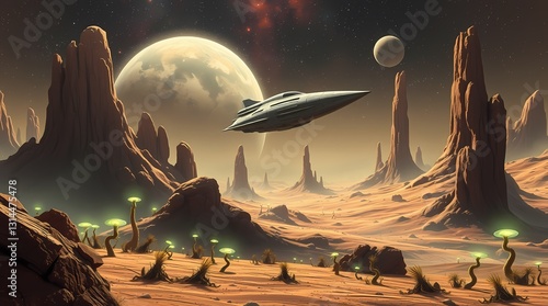 Journey Beyond: A sleek spaceship soars majestically across a mesmerizing, alien landscape under the watchful gaze of a giant planet and its celestial companions.