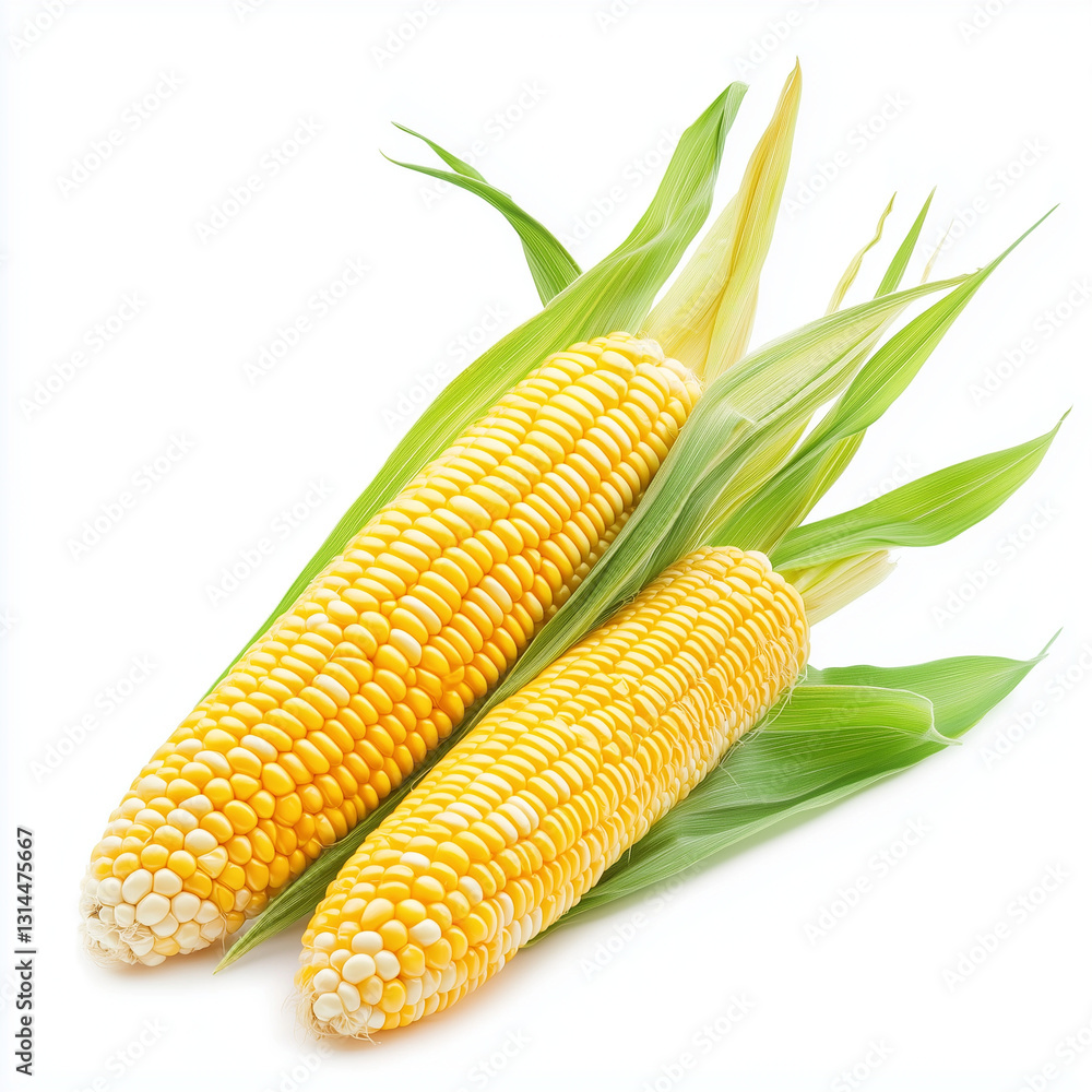 Obraz premium Corn on white background with fresh leaves