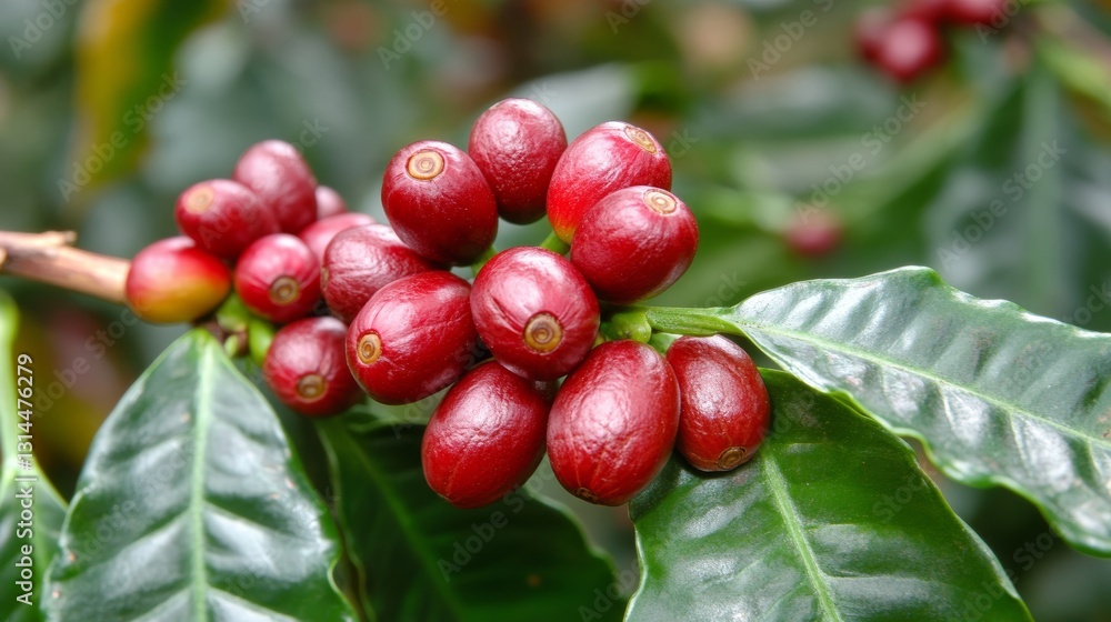 Obraz premium Red Cherry Coffee Beans Ripening on Branch 