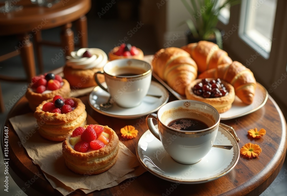 elegant display exquisite coffee cups fresh pastries showcasing artistic culinary arrangement, artisan, drink, pastry, dessert, tea, ceramic, plate elegant display exquisite coffee cups fresh pastries showcasing artistic culinary arrangement, artisan, drink, pastry, dessert, tea, ceramic, plate