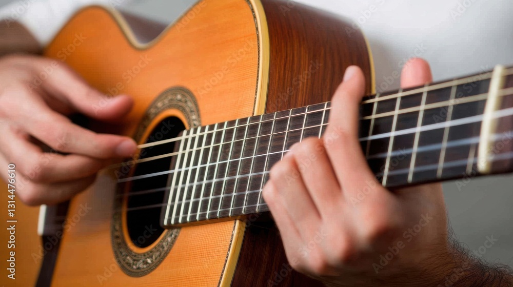 Fototapeta premium personâ€™s hands playing an acoustic guitar, emotional and intimate