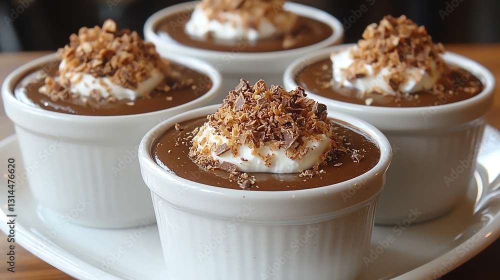 Delicious chocolate dessert cups topped with whipped cream and crushed nuts. Delicious chocolate dessert cups topped with whipped cream and crushed nuts.