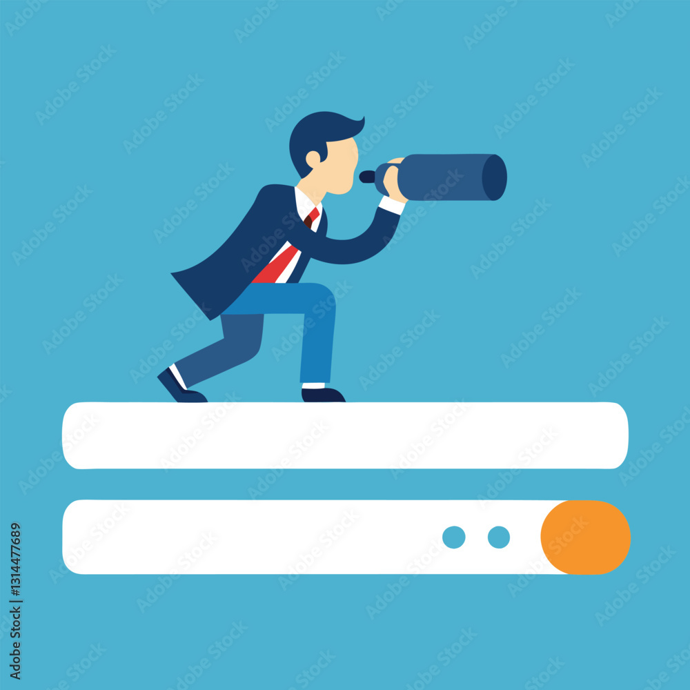 telescopic vision, search bar, Business executive, minimalist design, flat illustration, blue background, red tie, spyglass, future vision, digital exploration, strategic outlook, web search telescopic vision, search bar, Business executive, minimalist design, flat illustration, blue background, red tie, spyglass, future vision, digital exploration, strategic outlook, web search