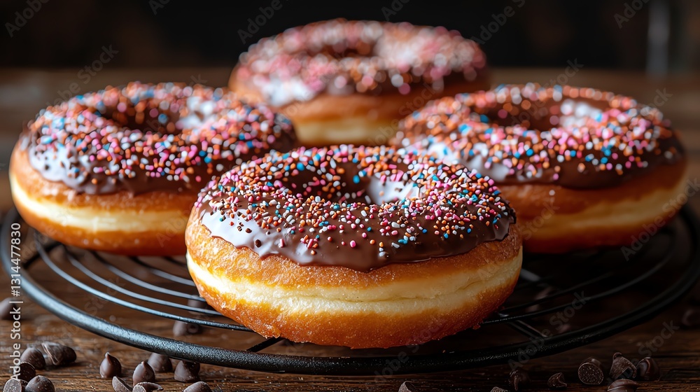 Delicious chocolate donuts topped with colorful sprinkles on a cooling rack. Delicious chocolate donuts topped with colorful sprinkles on a cooling rack.