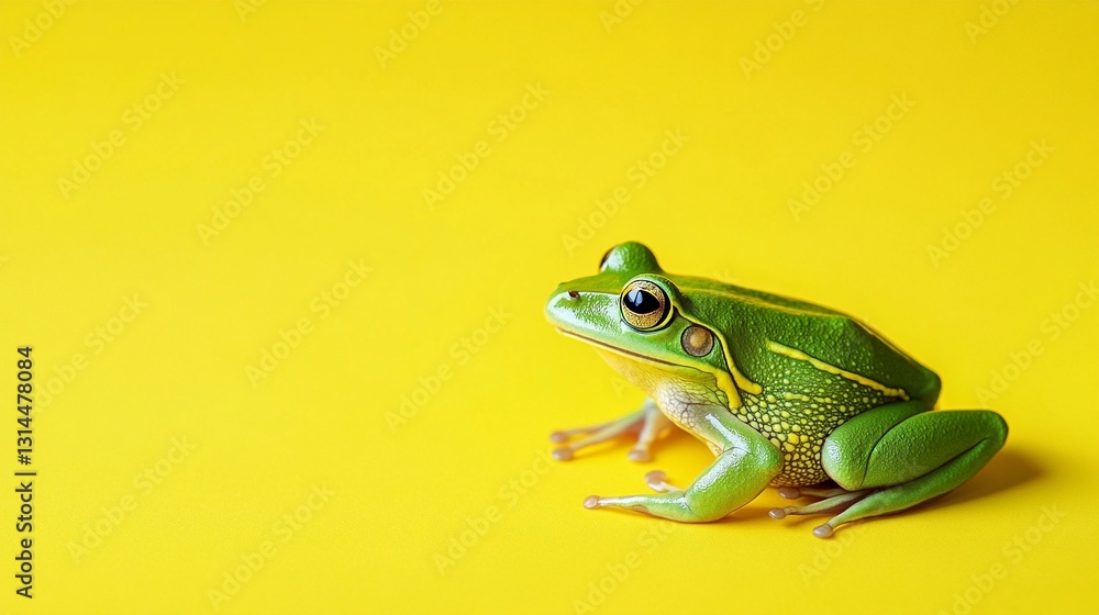 Obraz premium Bright yellow background with a realistic green frog in the corner, high-resolution nature-inspired backdrop with smooth skin texture and soft lighting.