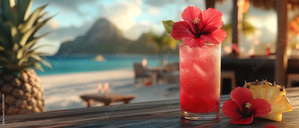 Refreshing tropical cocktail with hibiscus flower on beach bar at sunset capturing relaxation and vacation mood with pineapple and ocean view