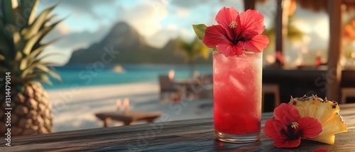 Obraz na płótnie Refreshing tropical cocktail with hibiscus flower on beach bar at sunset capturing relaxation and vacation mood with pineapple and ocean view w salonie