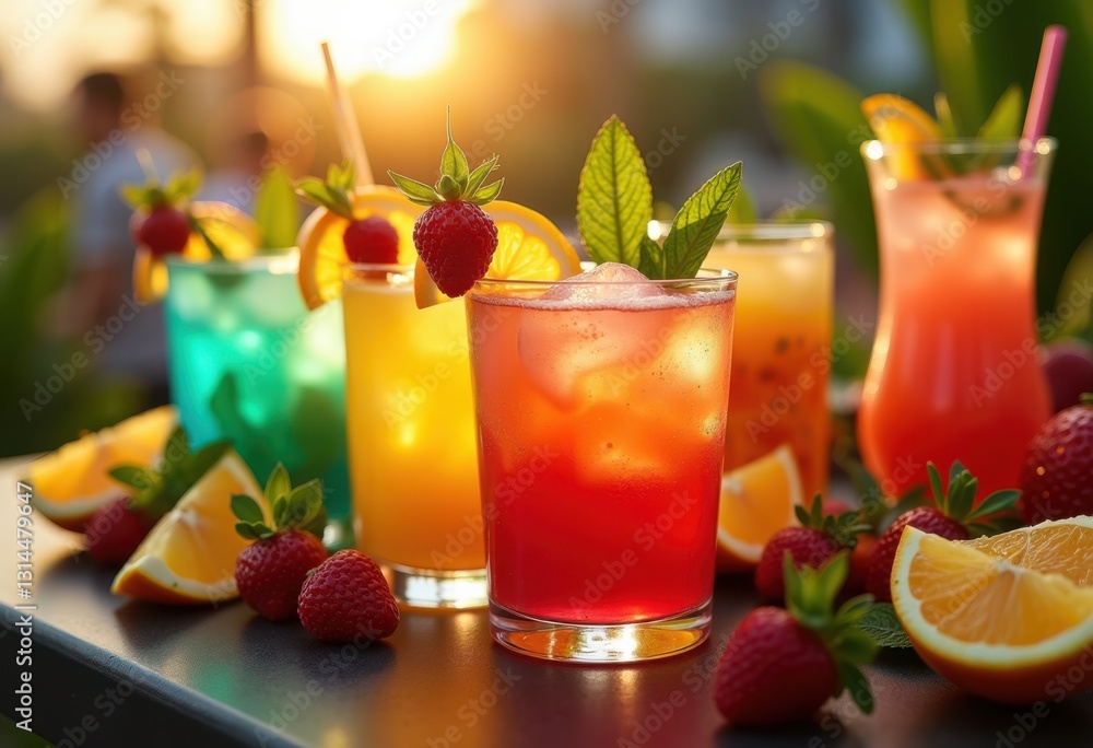 vibrant close display colorful drink pairings featuring bright garnishes refreshing elements eye catching glassware, iced, beverage, cocktail, summer, neon vibrant close display colorful drink pairings featuring bright garnishes refreshing elements eye catching glassware, iced, beverage, cocktail, summer, neon