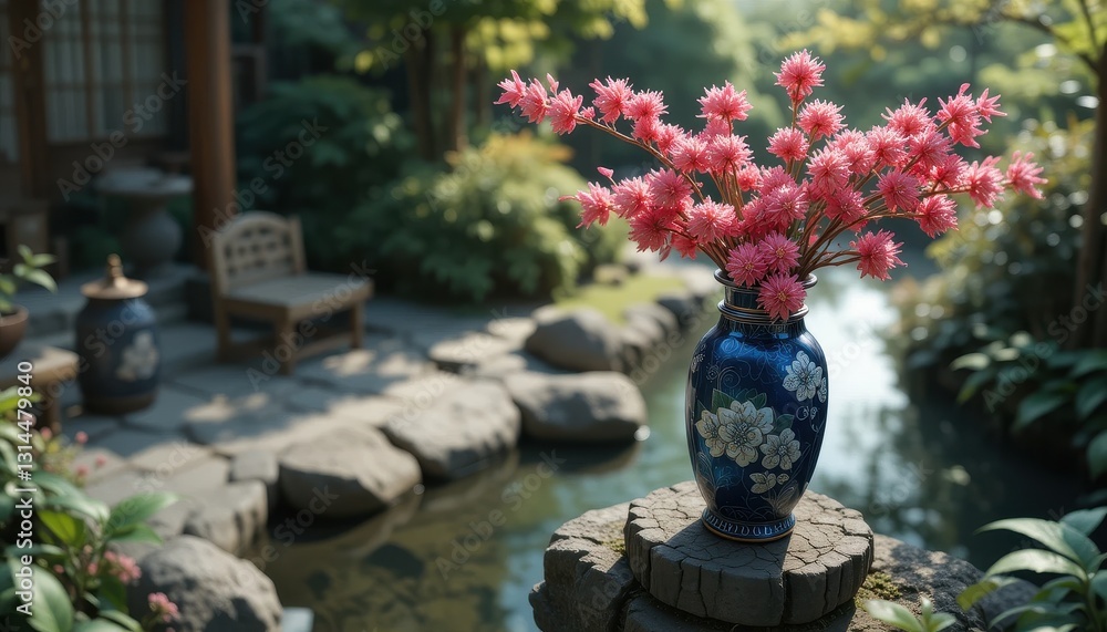 Serene Asian Garden Pink Flowers in Blue Porcelain Vase near Water