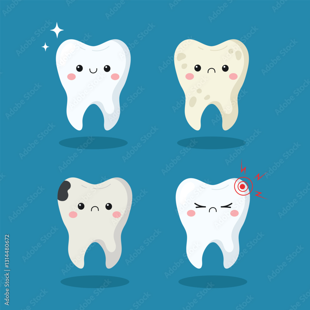 Cute tooth characters. Clean, yellow, cavities, tooth with pain. Set of cute kawaii teeth. Vector illustration Cute tooth characters. Clean, yellow, cavities, tooth with pain. Set of cute kawaii teeth. Vector illustration
