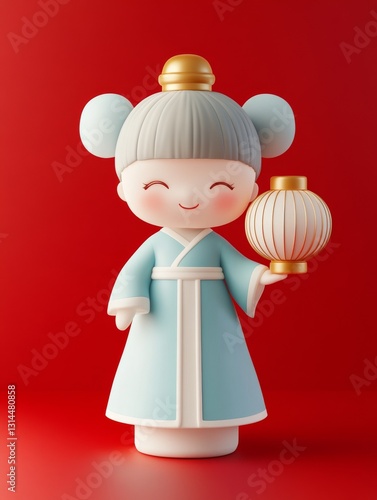 The scene features a cute girl, a lantern, an Asian dress, and a red background, set against a festival atmosphere photo