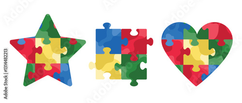 Collection of jigsaw puzzle figures - square, heart, star isolated on white background. Hand drawn vector illustration in flat style. Team building, autism awareness day symbol, business strategy logo