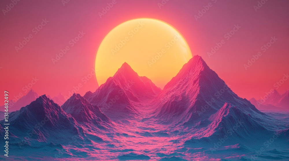 A mountain range with a large red sun in the sky A mountain range with a large red sun in the sky