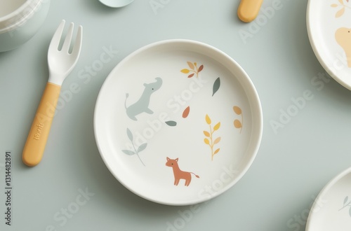 A whimsical children's plate featuring playful animal designs and colorful leaves for mealtime fun.