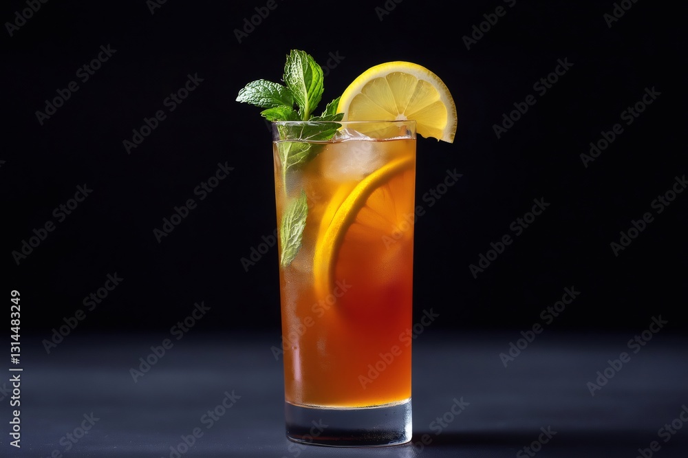 Chilled glass of iced tea filled with refreshing lemon slices and vibrant mint leaves, perfect for enjoying on a hot summer day Chilled glass of iced tea filled with refreshing lemon slices and vibrant mint leaves, perfect for enjoying on a hot summer day