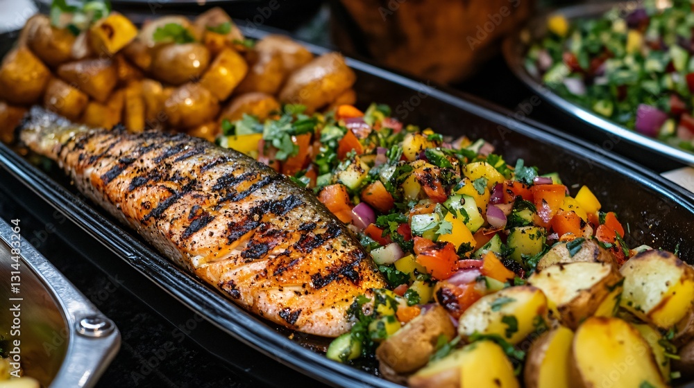 Delicious Grilled Trout with Healthy Vegetable Salad Delicious Grilled Trout with Healthy Vegetable Salad
