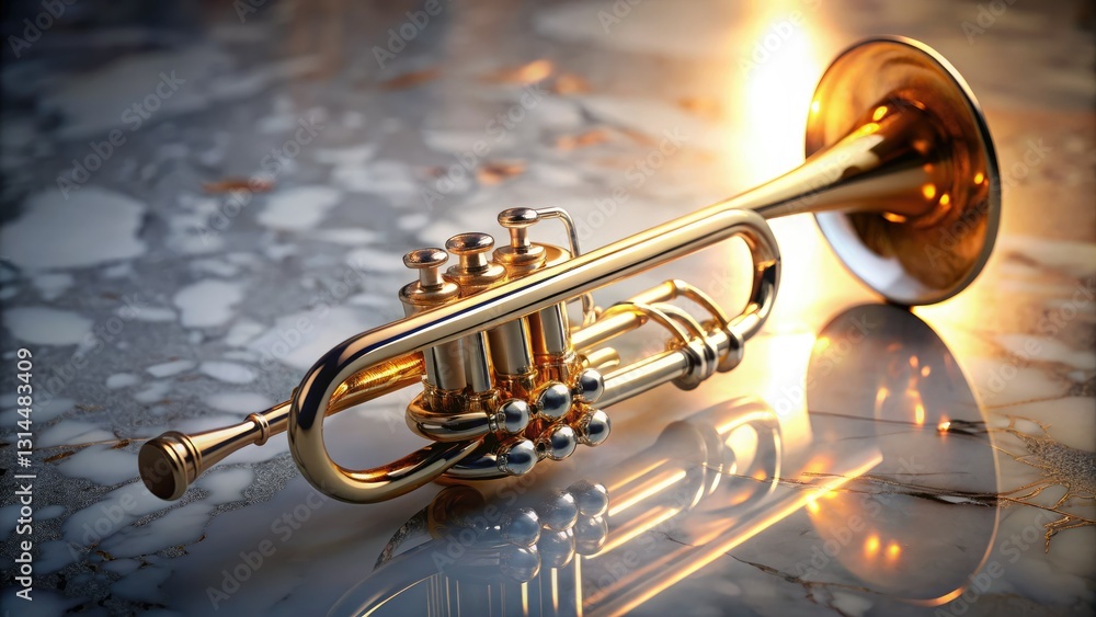 Obraz premium Trumpet Mute Flat Lay Photography: Marble Surface, Glass Reflection, Minimalist Product Shot