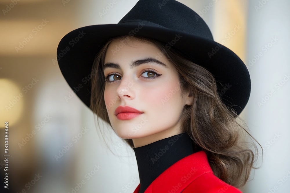 Stylish Woman in Hat and Red Jacket Portrait Stylish Woman in Hat and Red Jacket Portrait