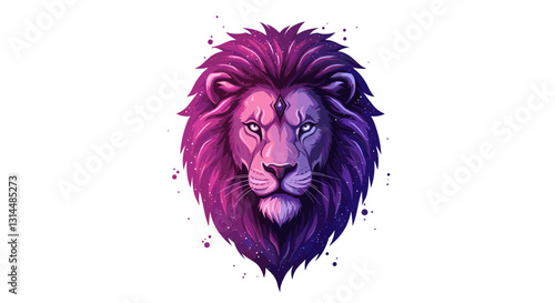 A vibrant, stylized lion head illustration with a cosmic theme.