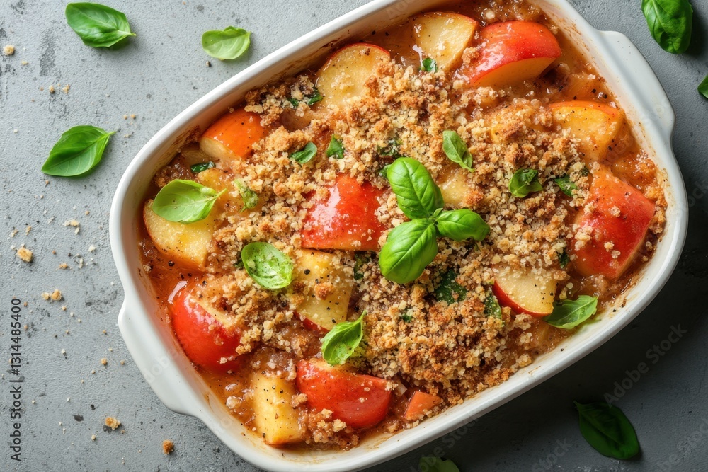 Delicious homemade apple crumble with fresh basil leaves in a white baking dish on a gray background a warm and inviting dessert photography Delicious homemade apple crumble with fresh basil leaves in a white baking dish on a gray background a warm and inviting dessert photography