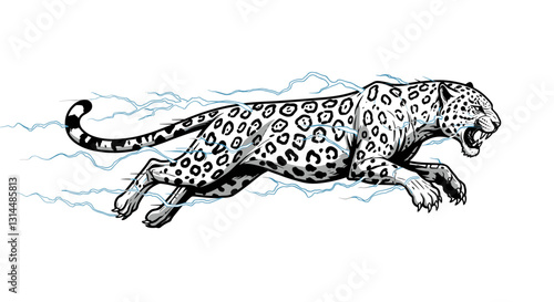 A dynamic illustration of a leaping leopard with electric effects, showcasing speed and power.