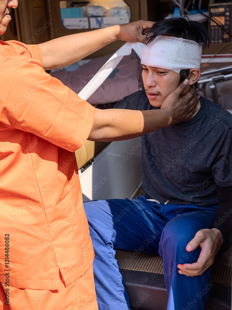First aid team from first responders for broken head .