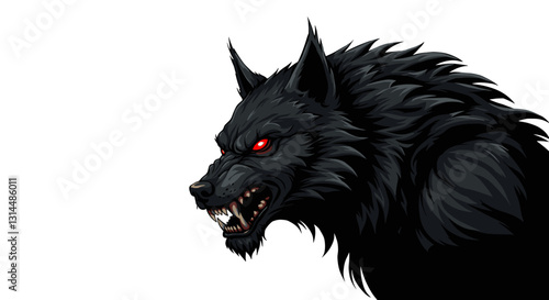 A fierce black wolf head with glowing red eyes, showcasing a menacing expression.