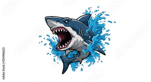 A fierce shark breaching the water, showcasing its powerful jaws and dynamic motion.