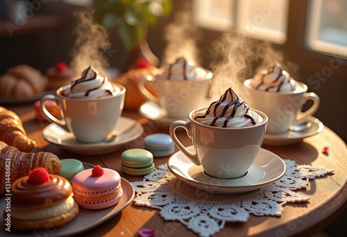 Wallpaper Mural steaming mugs surrounded tempting pastries set charming table display warm lighting inviting atmosphere, pastry, coffee, cake, dessert, croissant, muffin Torontodigital.ca