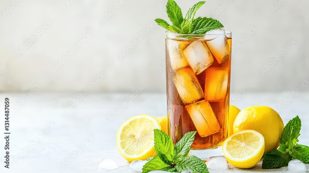 Fototapeta premium Glass Of Iced Tea With Lemon And Mint Leaves Included.