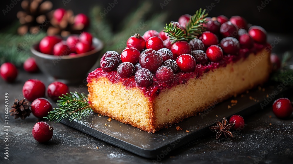 Delicious cranberry cake topped with fresh berries and greenery on a dark background. Delicious cranberry cake topped with fresh berries and greenery on a dark background.