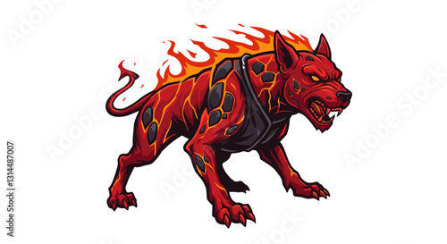 A fierce, fiery red dog with flames and a muscular build, showcasing a powerful design.