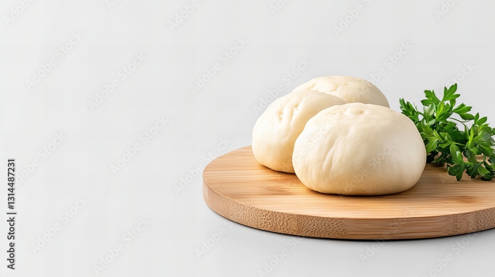 Three fluffy bao buns sit on a wooden board, garnished with fresh herbs. A minimalist, appetizing image. Three fluffy bao buns sit on a wooden board, garnished with fresh herbs. A minimalist, appetizing image.