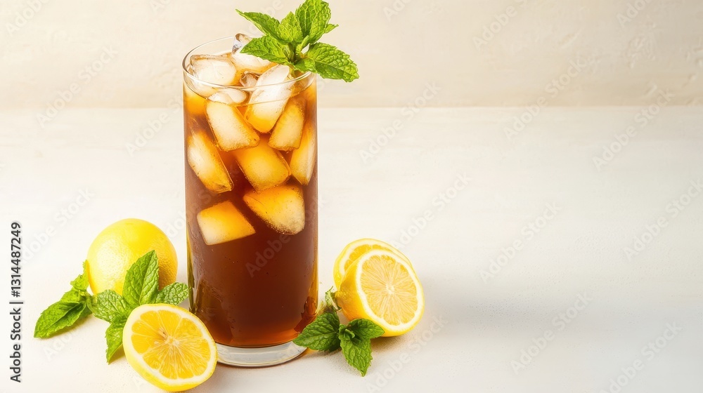 Fototapeta premium Iced Tea With Lemon Slices And Mint Garnished Glass