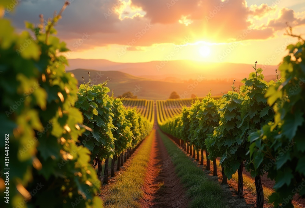 Fototapeta premium lush grapes vibrant vineyard bathed warm sunset glow captivating colors scenic landscape, nature, wine, harvest, ripe, green, hills, organic, farming