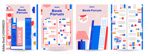 4 abstract posters for the Book Festival. Bookmarks, lots of notes and stickers on books that readers will love so much. Bright design, ideal for literary events, as a poster for a forum and book club