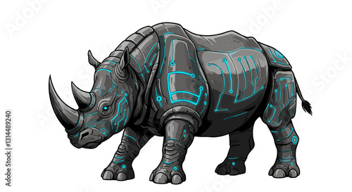 A futuristic rhinoceros with a metallic, cybernetic design and glowing patterns.