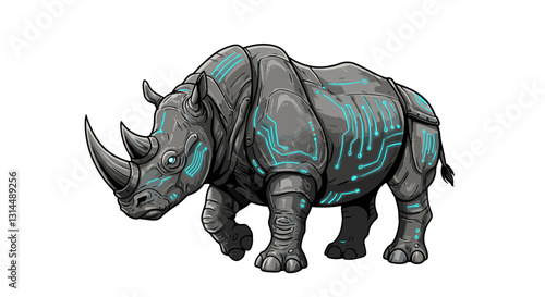 A futuristic rhinoceros with a metallic and glowing design, blending nature and technology.
