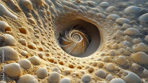 A unique seashell on a beach of plain shells photo