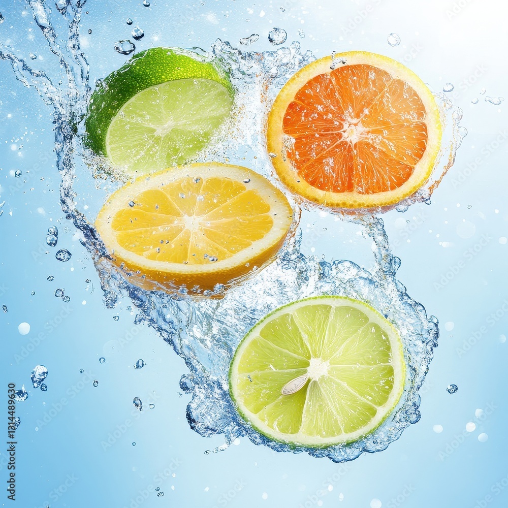 Colorful Citrus Slices Energizing Splash Into Clear Water. Colorful Citrus Slices Energizing Splash Into Clear Water.