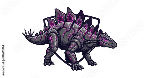 A robotic dinosaur with a futuristic design, featuring metallic and glowing elements.