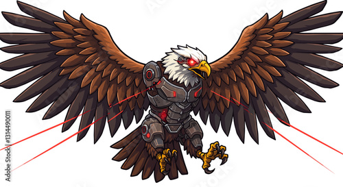 A robotic eagle with mechanical features and laser beams, showcasing a blend of nature and technology.