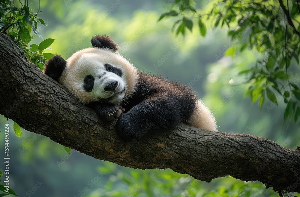 Obraz premium A panda sleeping on the branch of an old tree, surrounded by lush greenery and tall trees