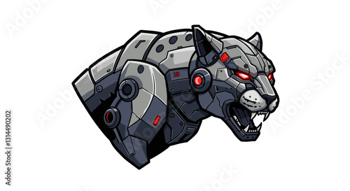 A robotic panther head with glowing red eyes and mechanical features.