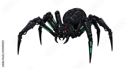 A robotic spider with a sleek black design and glowing green accents.