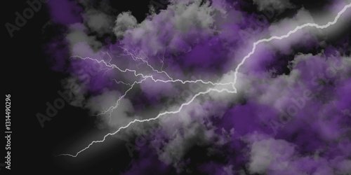 Thunder, lightnings and rain on a stormy summer night in black and white. Lightning bolts in the sky at night. Different lightning bolts isolating on black.  Bright light flare and sparks .
